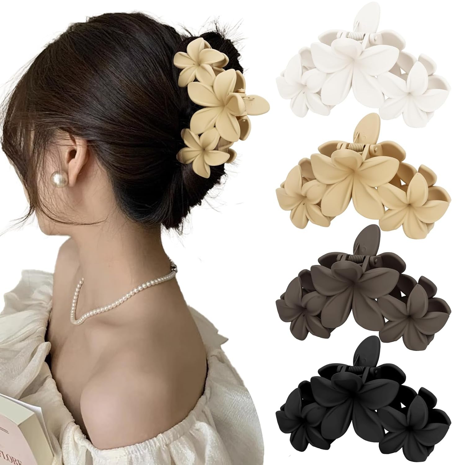 Matte Flower Hair Accessories - 4PCS Large Plumeria Hawaiian Hair Clips with Strong Hold for Women, Non-Slip and Cute
