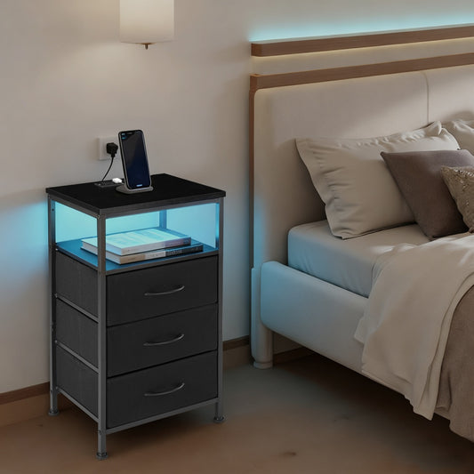 Nightstand With Charging Station, Bedside End Table With 5 Fabric Drawers & USB-Type-C Ports And Outlets
