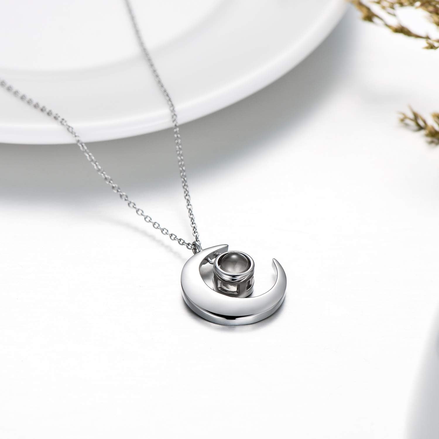 Sterling Silver Moon Necklace with I Love You in 100 Languages Projection/Personalize Photo Projection Pendant Jewelry Gifts for Wife Mom Adults