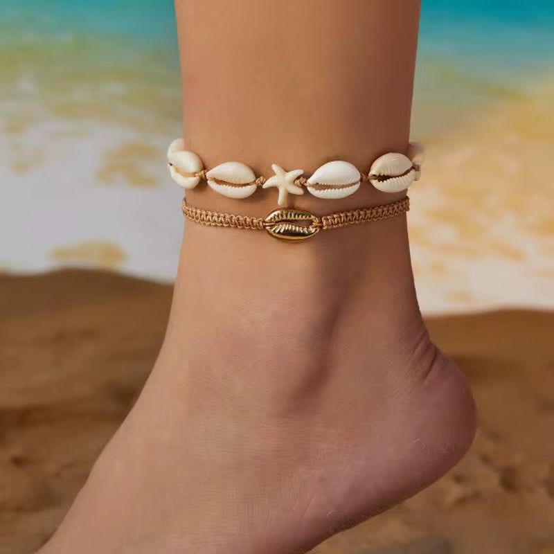 Bohemia Shell Anklet for Women Colorful Rice Beads Handmade Braided Rope Bracelet on Leg Beach Barefoot Sandal Leg Chain Jewelry