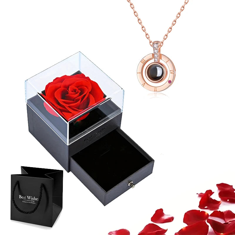 Projection Necklace Set with Rose Gift Box 100 Languages I Love You Heart Pendant Jewelry 2023 Hot Sale Accessories Dropshipping