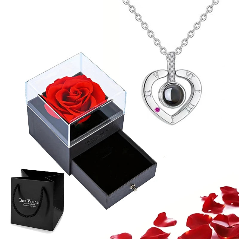Projection Necklace Set with Rose Gift Box 100 Languages I Love You Heart Pendant Jewelry 2023 Hot Sale Accessories Dropshipping