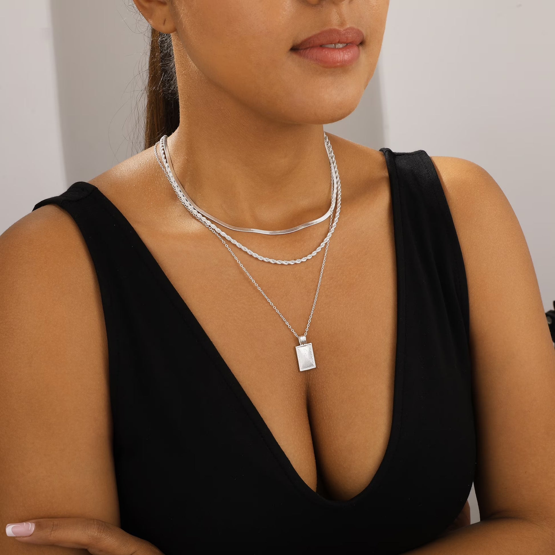 Silver Plated Necklace for Women Necklaces Dainty Layered Necklaces Simple Stackable Pendant Necklaces Herringbone Rope Chain Choker Jewelry