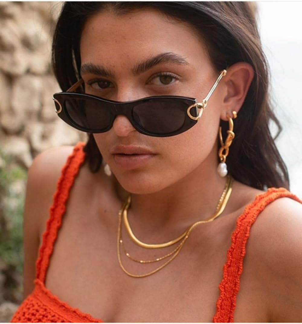 Retro Oval Sunglasses for Women 90S Classic Cat Eye Frame Sun Glasses Fashion Vintage Gold Metal Shades BS1800S
