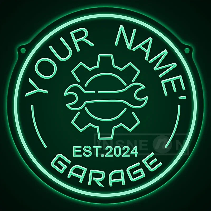Custom Your Name Neon Garage Sign Gear Design USB Adjustable Brightness LED Wall Decor Auto Enthusiasts Parties Garage Decor