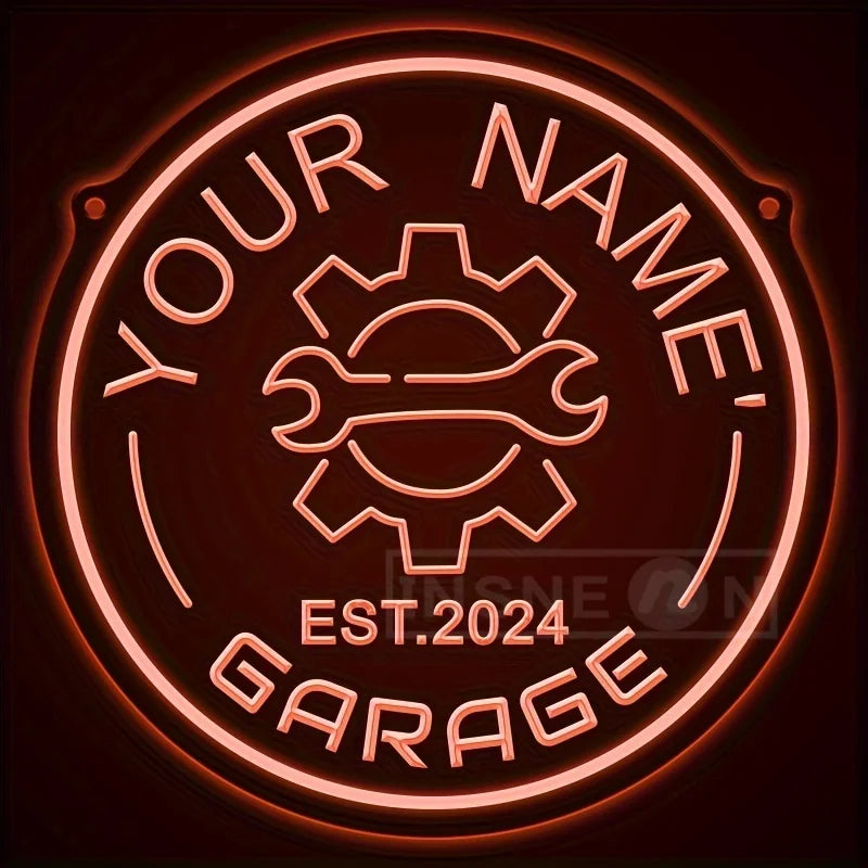 Custom Your Name Neon Garage Sign Gear Design USB Adjustable Brightness LED Wall Decor Auto Enthusiasts Parties Garage Decor