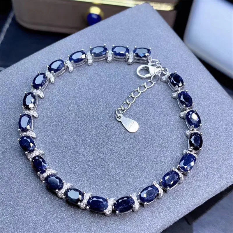 Luxurious Natural Sapphire /Opal Blue Gemstone 4X6Mm 21Pcs Bracelet Solid 925 Sterling Silver Bracelet