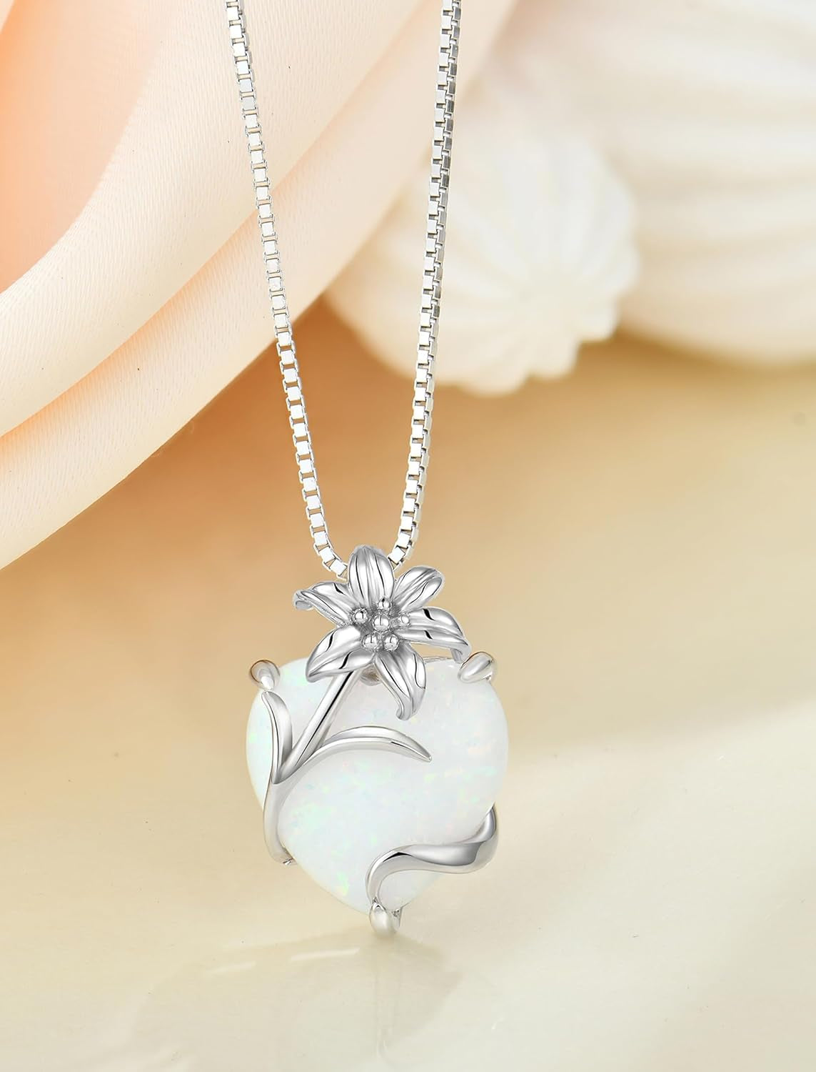 Heart Necklace for Women 925 Sterling Silver Lily Pendant Created Opal Flower Jewelry