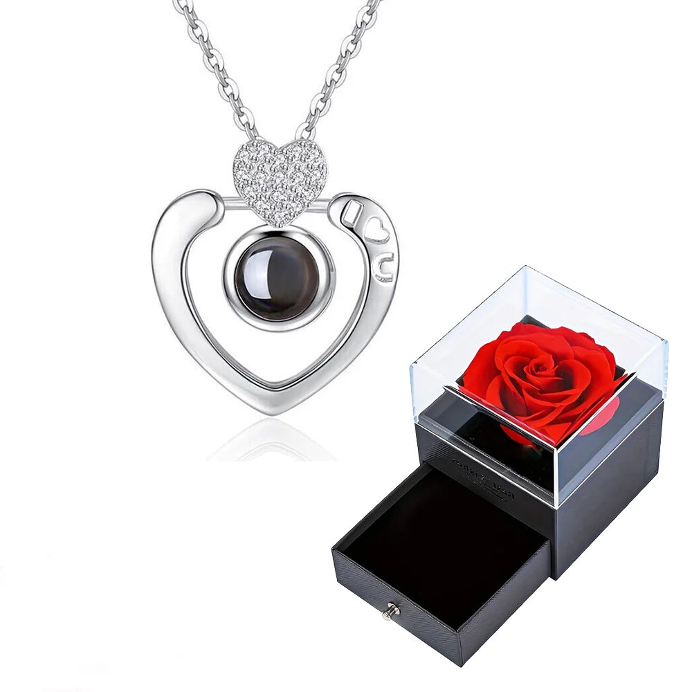 Projection Necklace Set with Rose Gift Box 100 Languages I Love You Heart Pendant Jewelry 2023 Hot Sale Accessories Dropshipping