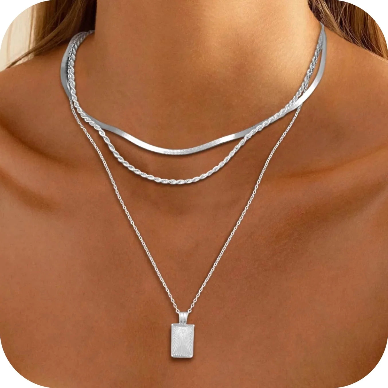 Silver Plated Necklace for Women Necklaces Dainty Layered Necklaces Simple Stackable Pendant Necklaces Herringbone Rope Chain Choker Jewelry