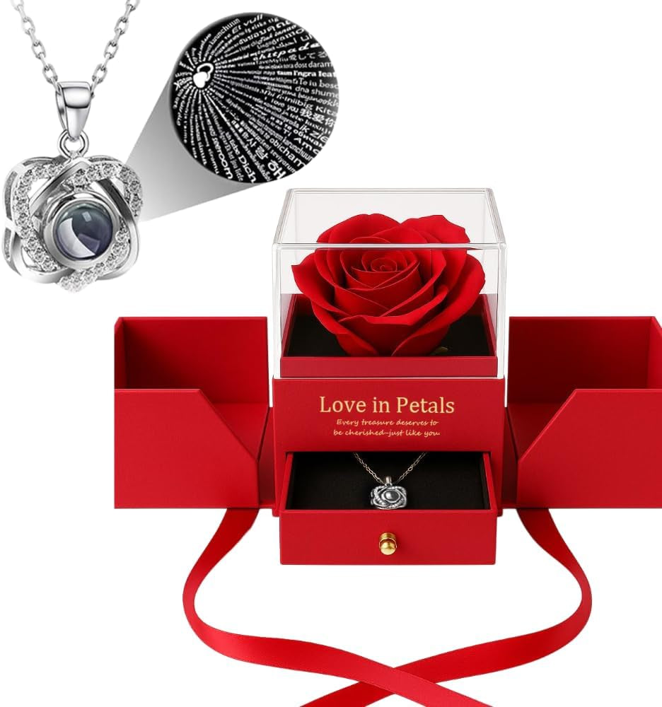 Preserved Red Real Rose with Heart I Love You Necklace - Gifts for Mothers Day, Christmas, Birthday Gifts for Women- Long Lasting Forever Flowers Best Presents for Women (Red)