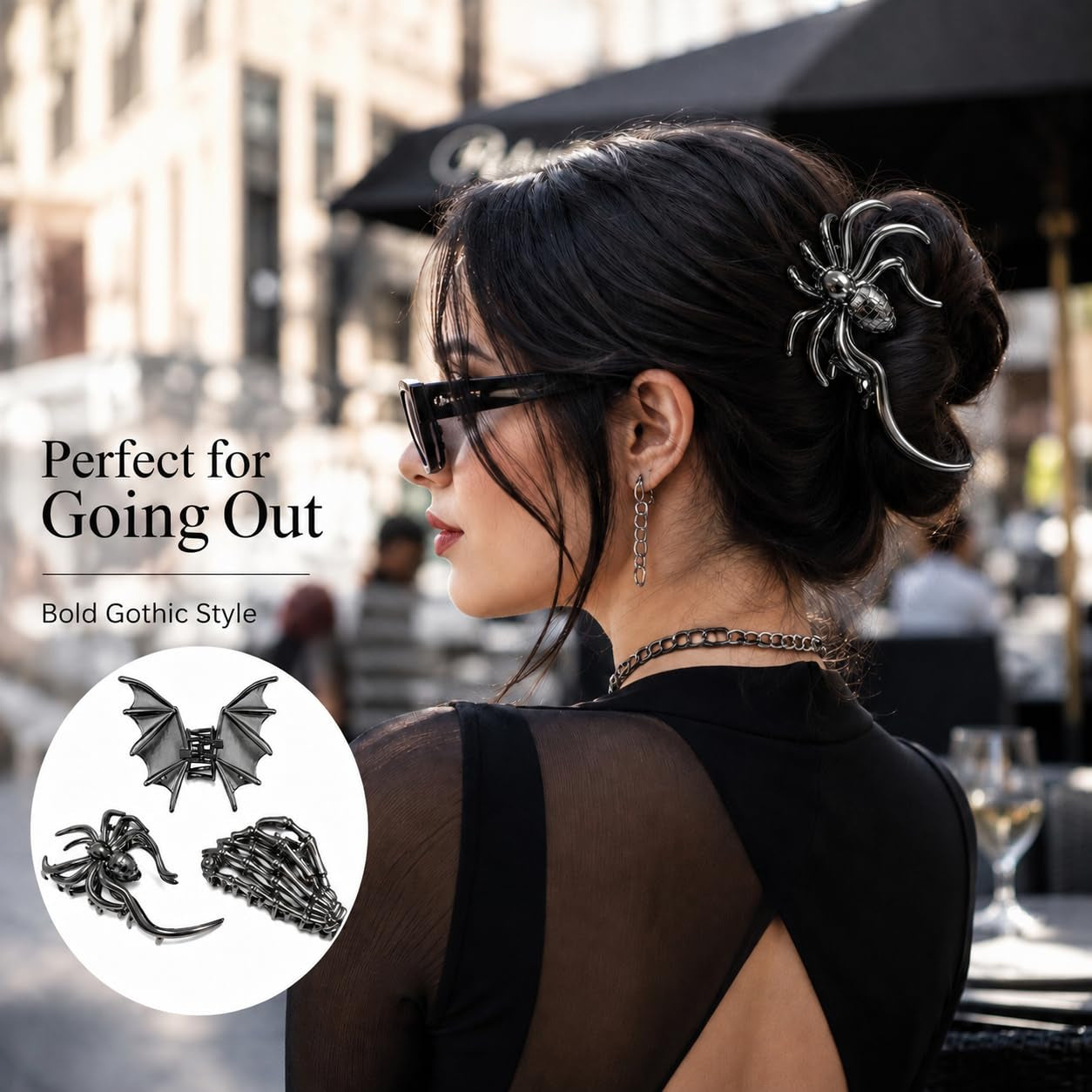3 PCS Gothic Hair Claw Clips for Women, Metallic Black Bat Spider Skeleton Hand Hair Clips, Strong Hold Halloween Hair Accessories for Thick Thin Hair, Costume Party Everyday Styling Gifts