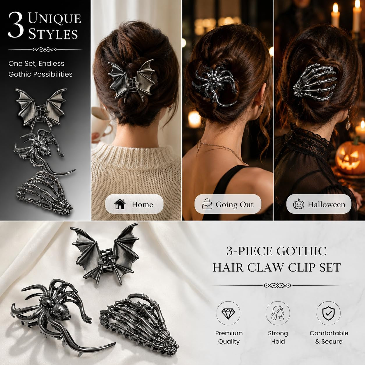 3 PCS Gothic Hair Claw Clips for Women, Metallic Black Bat Spider Skeleton Hand Hair Clips, Strong Hold Halloween Hair Accessories for Thick Thin Hair, Costume Party Everyday Styling Gifts