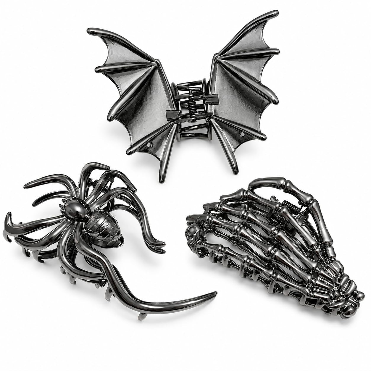 3 PCS Gothic Hair Claw Clips for Women, Metallic Black Bat Spider Skeleton Hand Hair Clips, Strong Hold Halloween Hair Accessories for Thick Thin Hair, Costume Party Everyday Styling Gifts