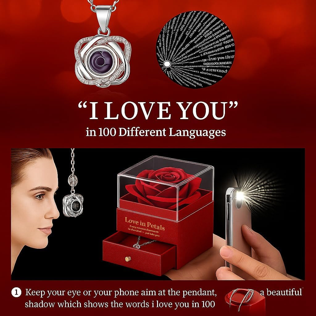 Preserved Red Real Rose with Heart I Love You Necklace - Gifts for Mothers Day, Christmas, Birthday Gifts for Women- Long Lasting Forever Flowers Best Presents for Women (Red)