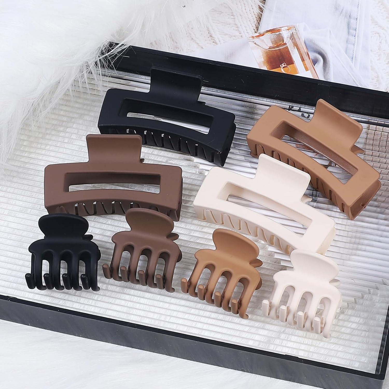Medium Hair Clips for Women 8 Pcs Small Claw Clips for Thin and Thick Hair 2 Styles Hair Claw Clips Combination Rectangle Banana Jaw Hair Accessories for Women and Girls (Brown)
