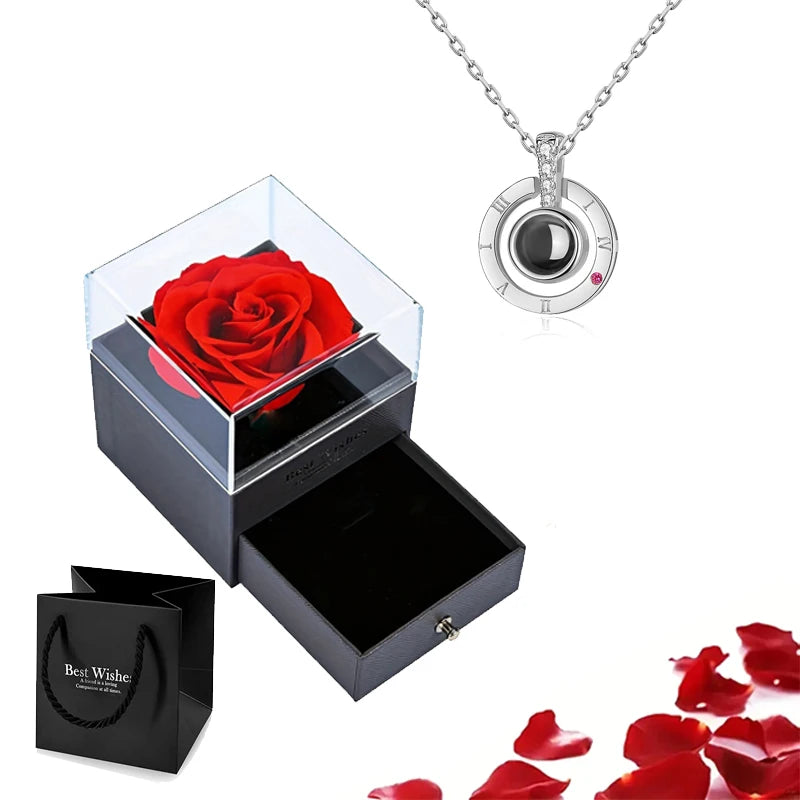 Projection Necklace Set with Rose Gift Box 100 Languages I Love You Heart Pendant Jewelry 2023 Hot Sale Accessories Dropshipping