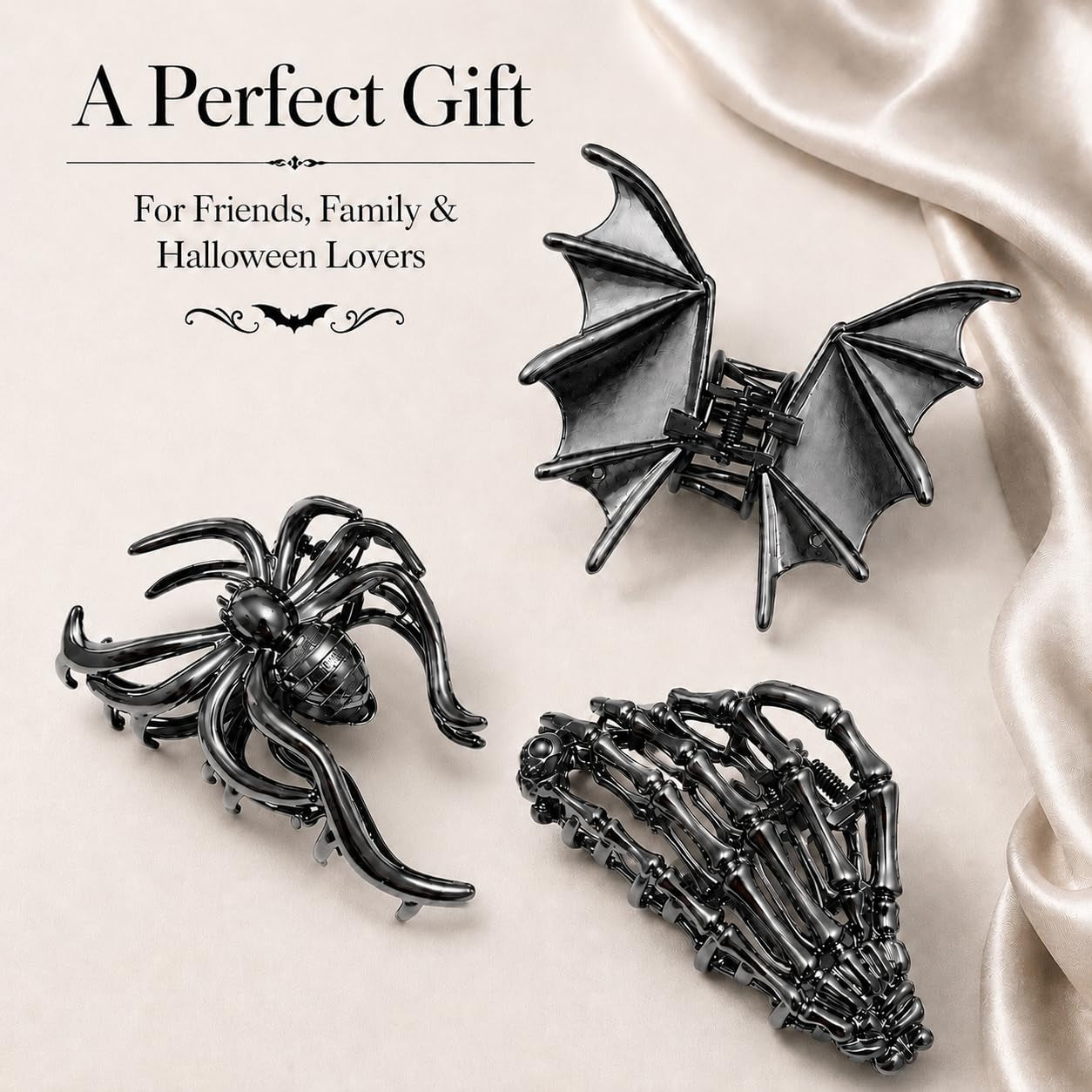 3 PCS Gothic Hair Claw Clips for Women, Metallic Black Bat Spider Skeleton Hand Hair Clips, Strong Hold Halloween Hair Accessories for Thick Thin Hair, Costume Party Everyday Styling Gifts