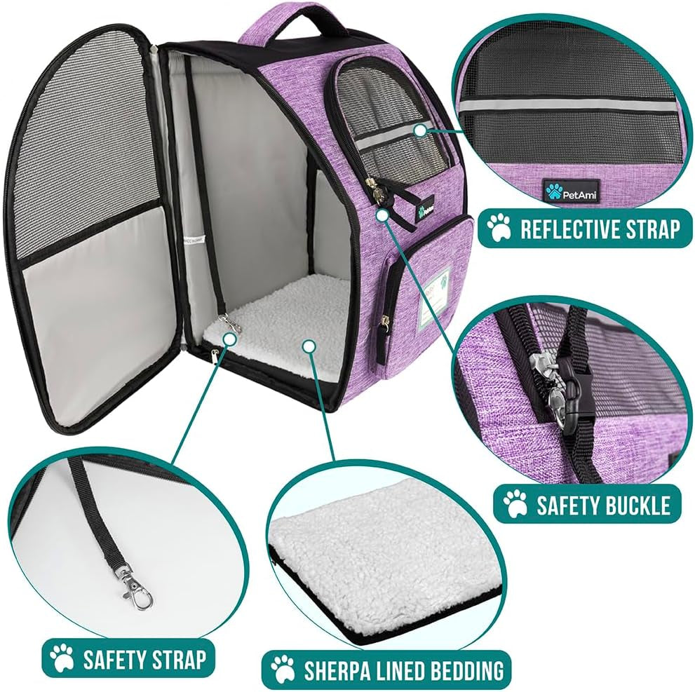 Dog Backpack Carrier for Small Medium Dogs Large Cats up to 18 Lbs, 2 Side Entry, Structured No-Collapse Frame, Airline Approved Ventilated Pet Backpack for Hiking Camping Travel, Purple