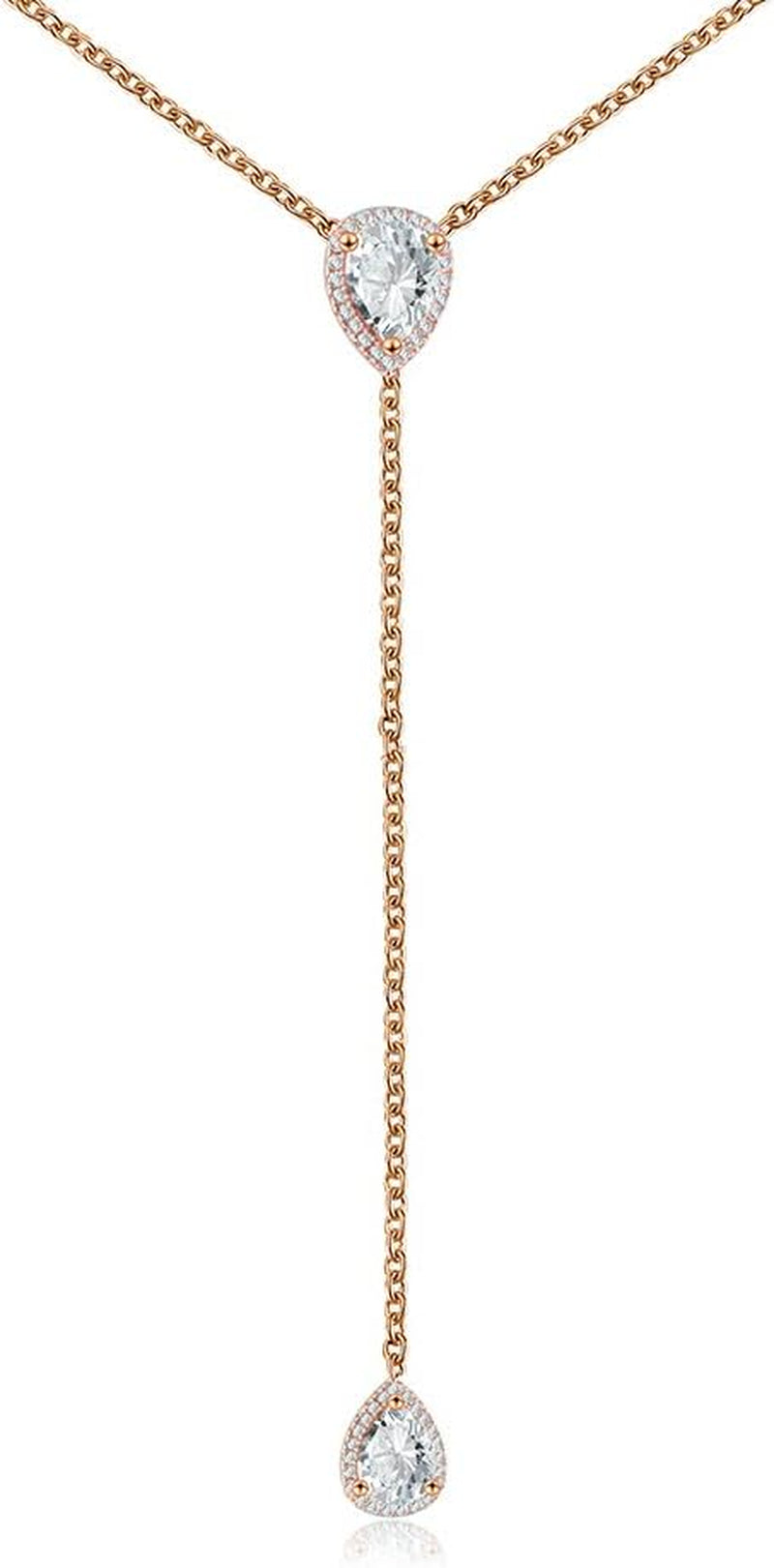 CZ Pear Drop Lariat Necklace 16" with 2.75" Y Drop Adjustable, 3 Colors Available