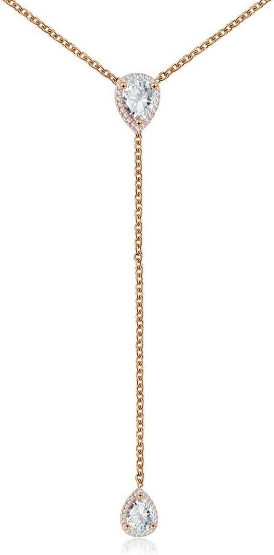 CZ Pear Drop Lariat Necklace 16" with 2.75" Y Drop Adjustable, 3 Colors Available