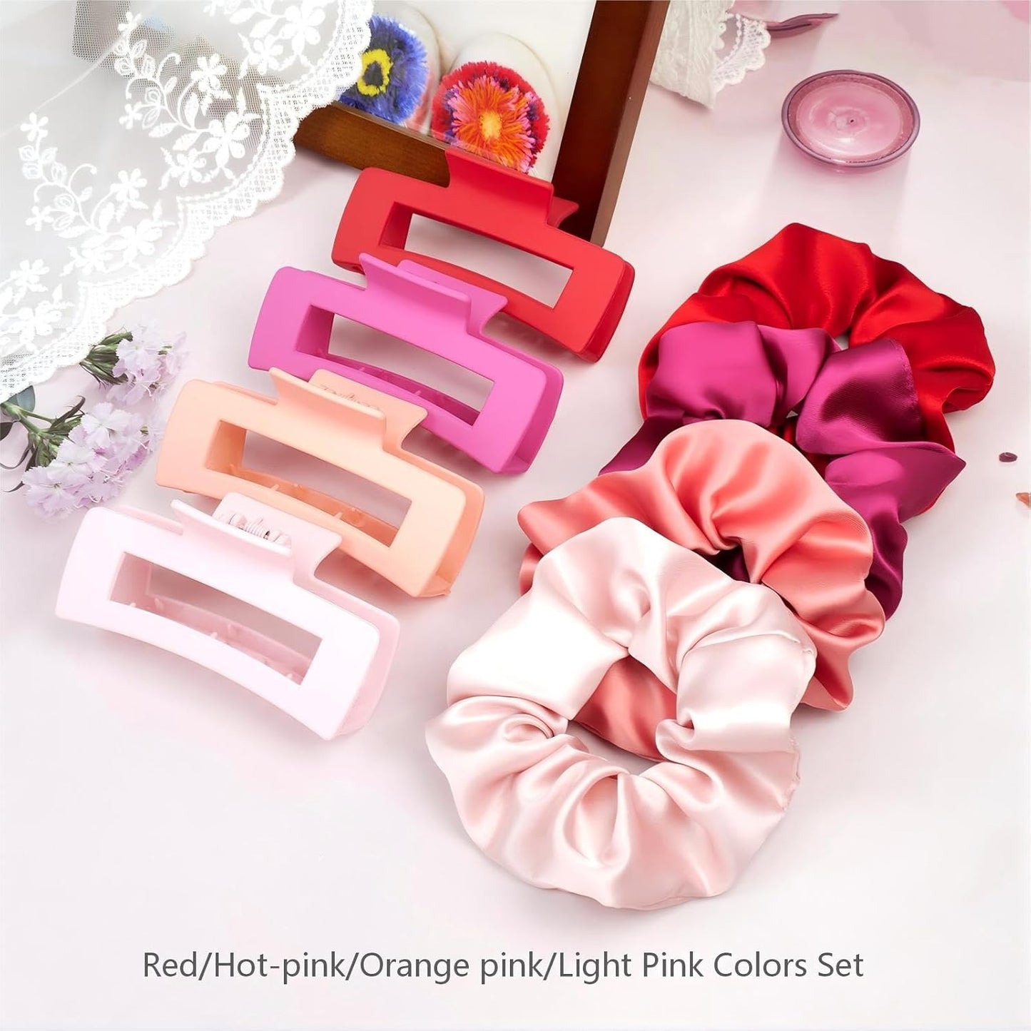8Pcs Hair Clips and Scrunchies Set for Women – 4 Non-Slip Matte Medium Claw Clips, 4 Large Satin Scrunchies, Hair Accessories for Thick Thin Hair, Party, Daily Use (Pink Colors Set)