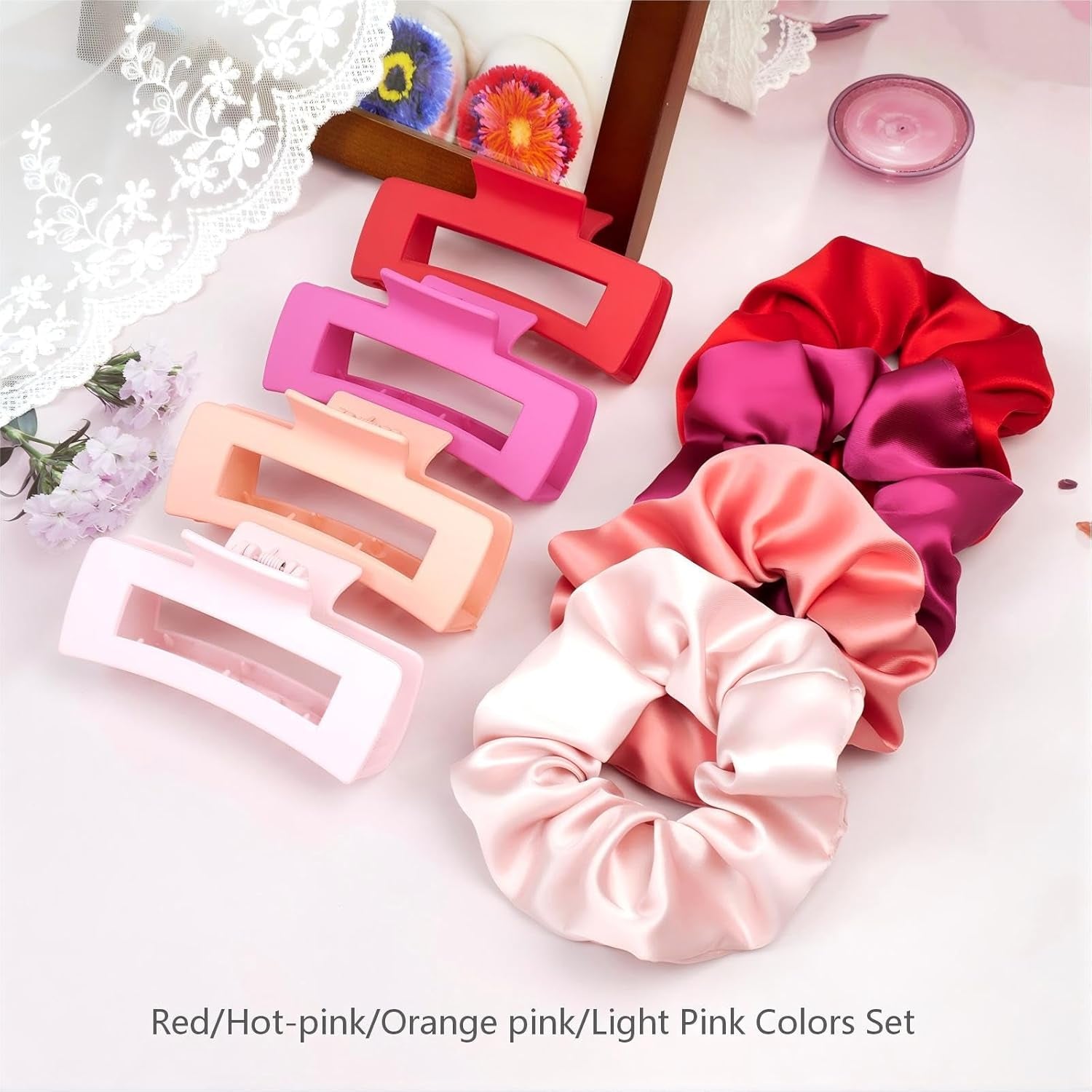 8Pcs Hair Clips and Scrunchies Set for Women – 4 Non-Slip Matte Medium Claw Clips, 4 Large Satin Scrunchies, Hair Accessories for Thick Thin Hair, Party, Daily Use (Pink Colors Set)