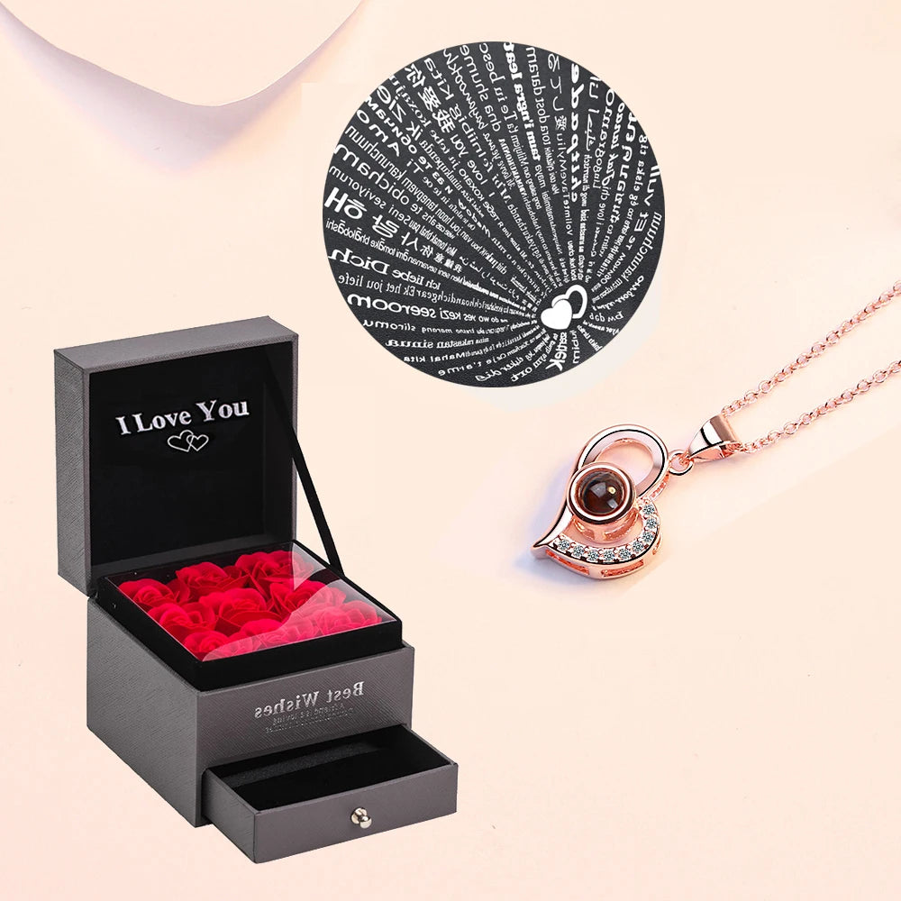 Love Zircon Necklace 100 Languages I Love You Projection Pendant for Women with 9 Roses Gift Box 2023 Hot Romantic Accessories