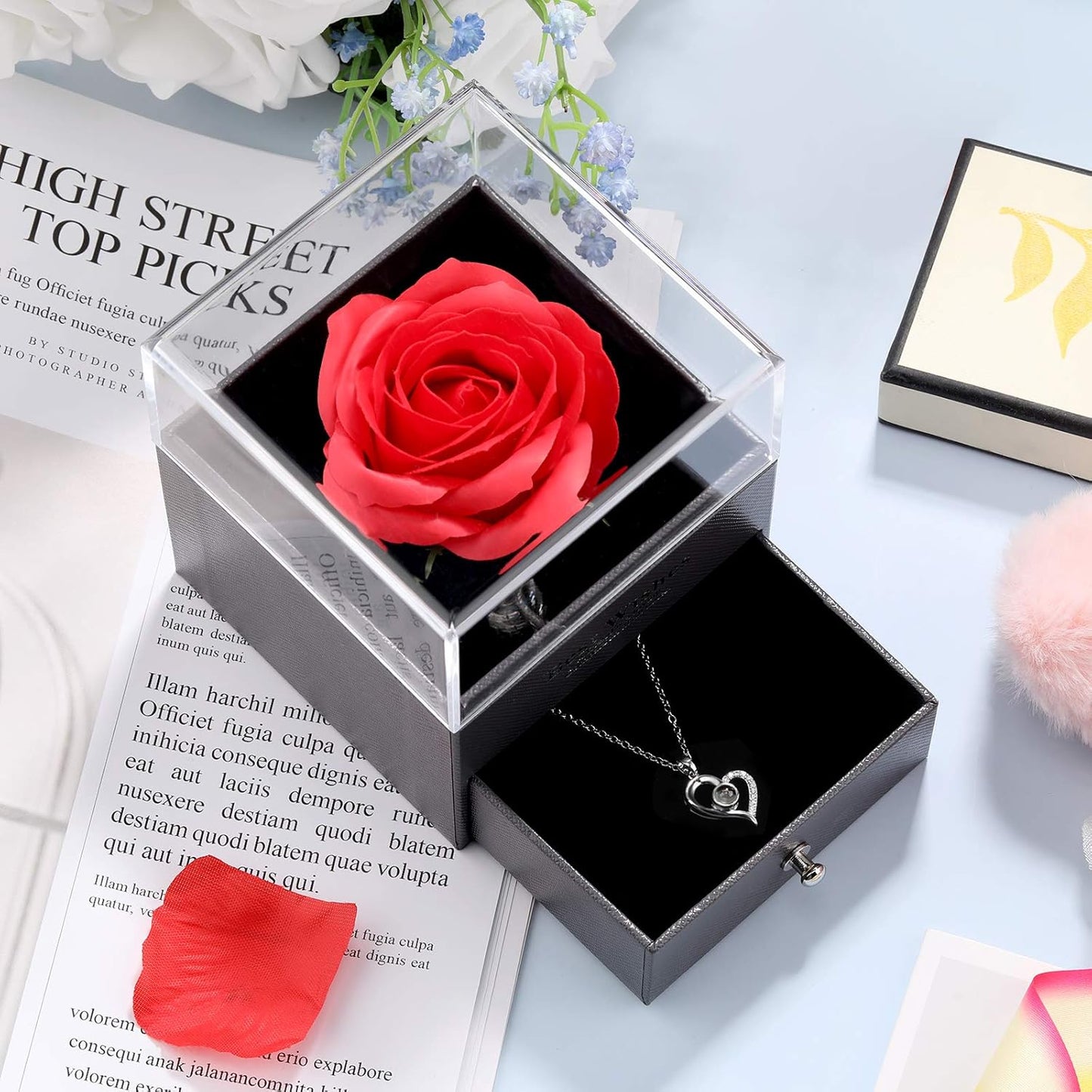 Mother'S Day Necklace Gift for Girlfriend Women I Love You in 100 Languages Projection Necklace Heart Pendant with Preserved Red Rose Flower in Box for Mom Mama Wife on Anniversary