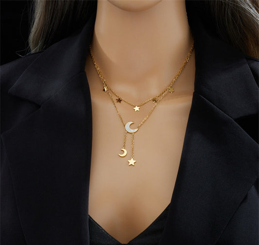Moon and Stars Necklace Gold Layered Chain Astrology Jewelry