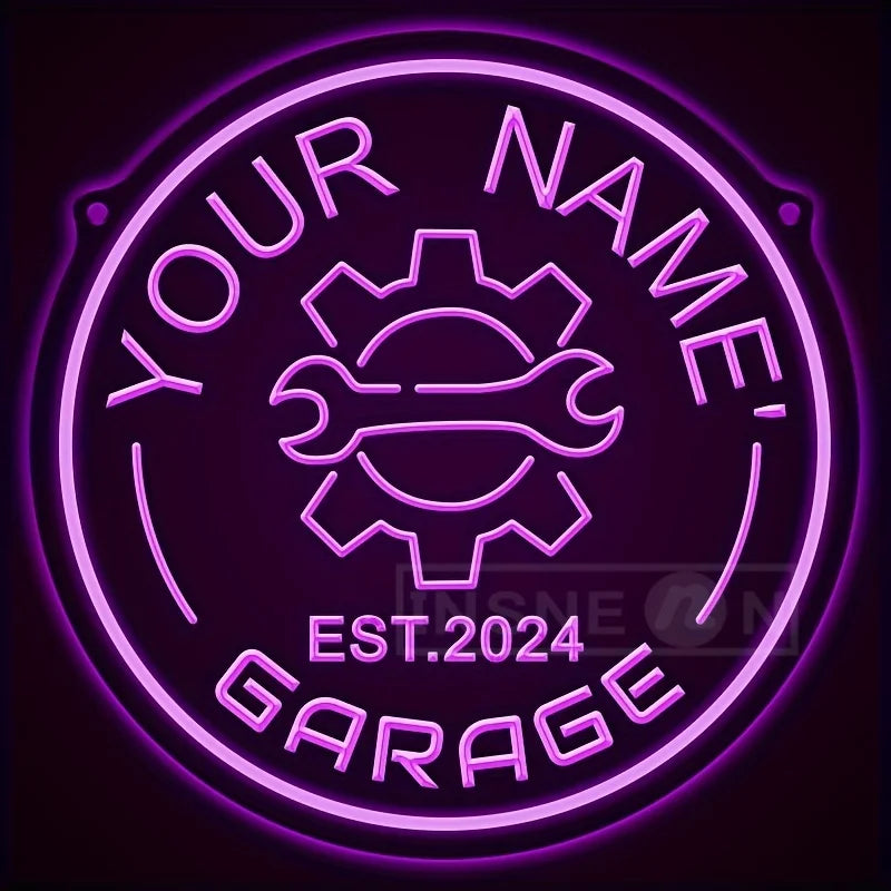 Custom Your Name Neon Garage Sign Gear Design USB Adjustable Brightness LED Wall Decor Auto Enthusiasts Parties Garage Decor