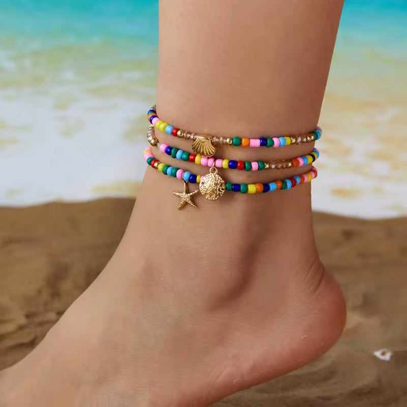 Bohemia Shell Anklet for Women Colorful Rice Beads Handmade Braided Rope Bracelet on Leg Beach Barefoot Sandal Leg Chain Jewelry