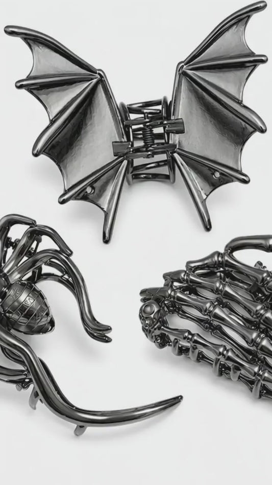 3 PCS Gothic Hair Claw Clips for Women, Metallic Black Bat Spider Skeleton Hand Hair Clips, Strong Hold Halloween Hair Accessories for Thick Thin Hair, Costume Party Everyday Styling Gifts