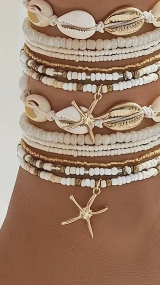 14Pcs/Set Bohemian Rice Beads Starfish Shell Anklet Sets for Women Retro Gold Color Multiler Foot Chain Vacation Jewelry Gifts