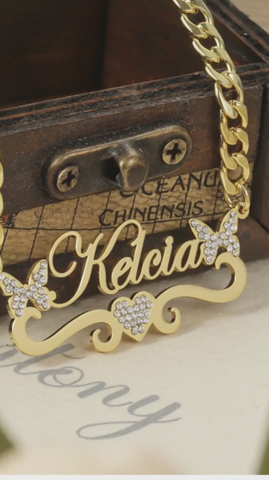 Luxury Custom Name Necklace with Butterfly Nameplate Rhinestone High Quality Stainless Steel with 18K Gold Plating Necklace