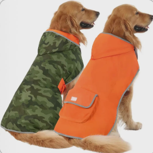 Reversible Hooded Dog Raincoat Slicker Poncho for Small Medium Large Dogs - Camo Orange - L - Polyester