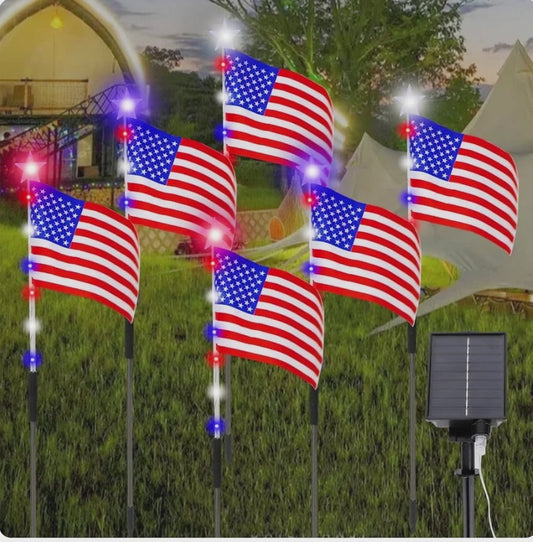 6 Flag Lights 4Th of July Decorations 8 Lighting Modes, 6-In-1 American Flag Solar Lights, Memorial Day Decorations with Red White and Blue Lights for Independence Day Path Garden Decor Yard Pathway