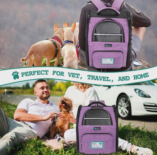 Dog Backpack Carrier for Small Medium Dogs Large Cats up to 18 Lbs, 2 Side Entry, Structured No-Collapse Frame, Airline Approved Ventilated Pet Backpack for Hiking Camping Travel, Purple